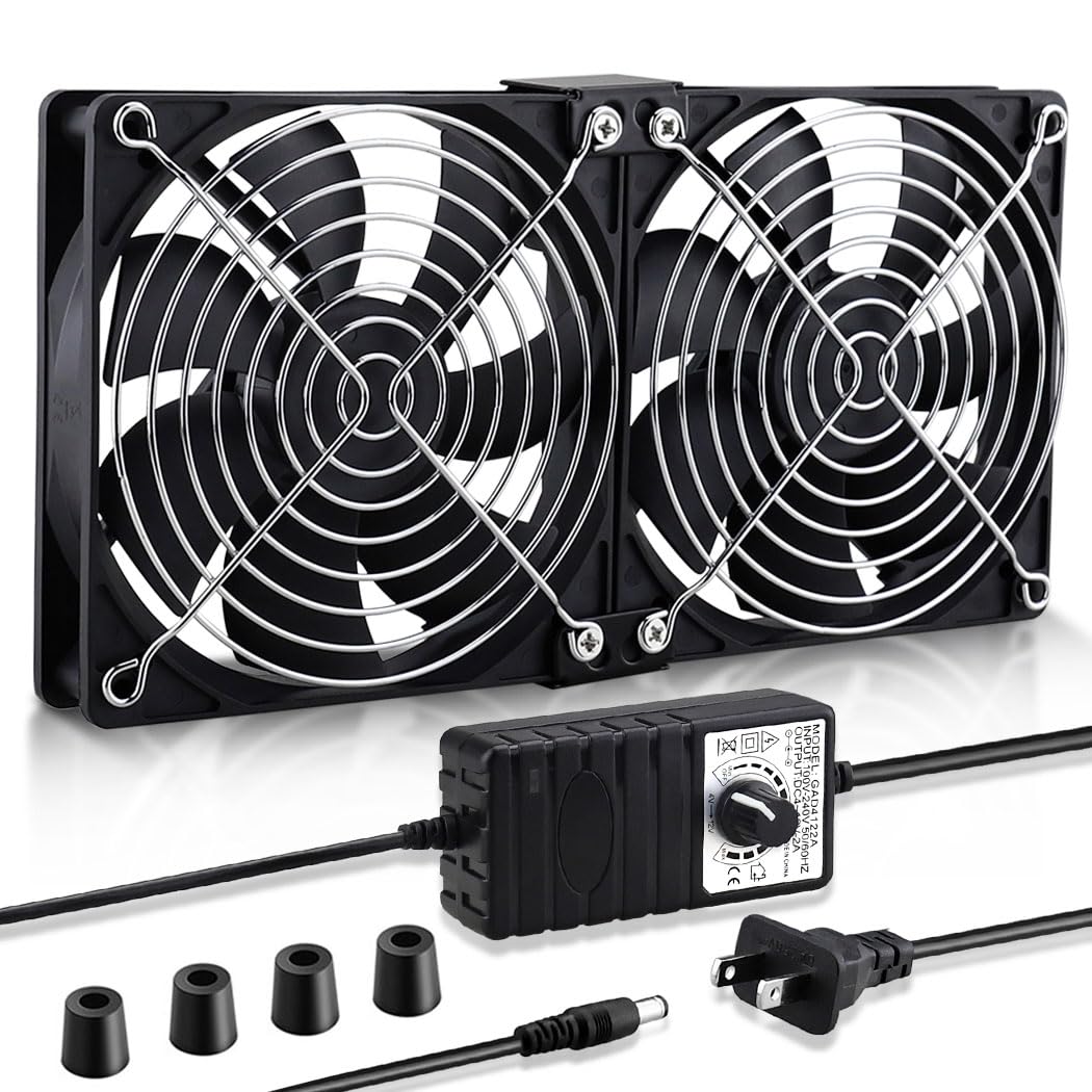 Wathai Big Airflow 2 x 120mm 240mm Computer Fan with AC Plug Cabinet Fan 110V 240V AC Power Supply, Speed Controller 3V to 12V, for Mining Machine Chassis Server Workstation Cooling