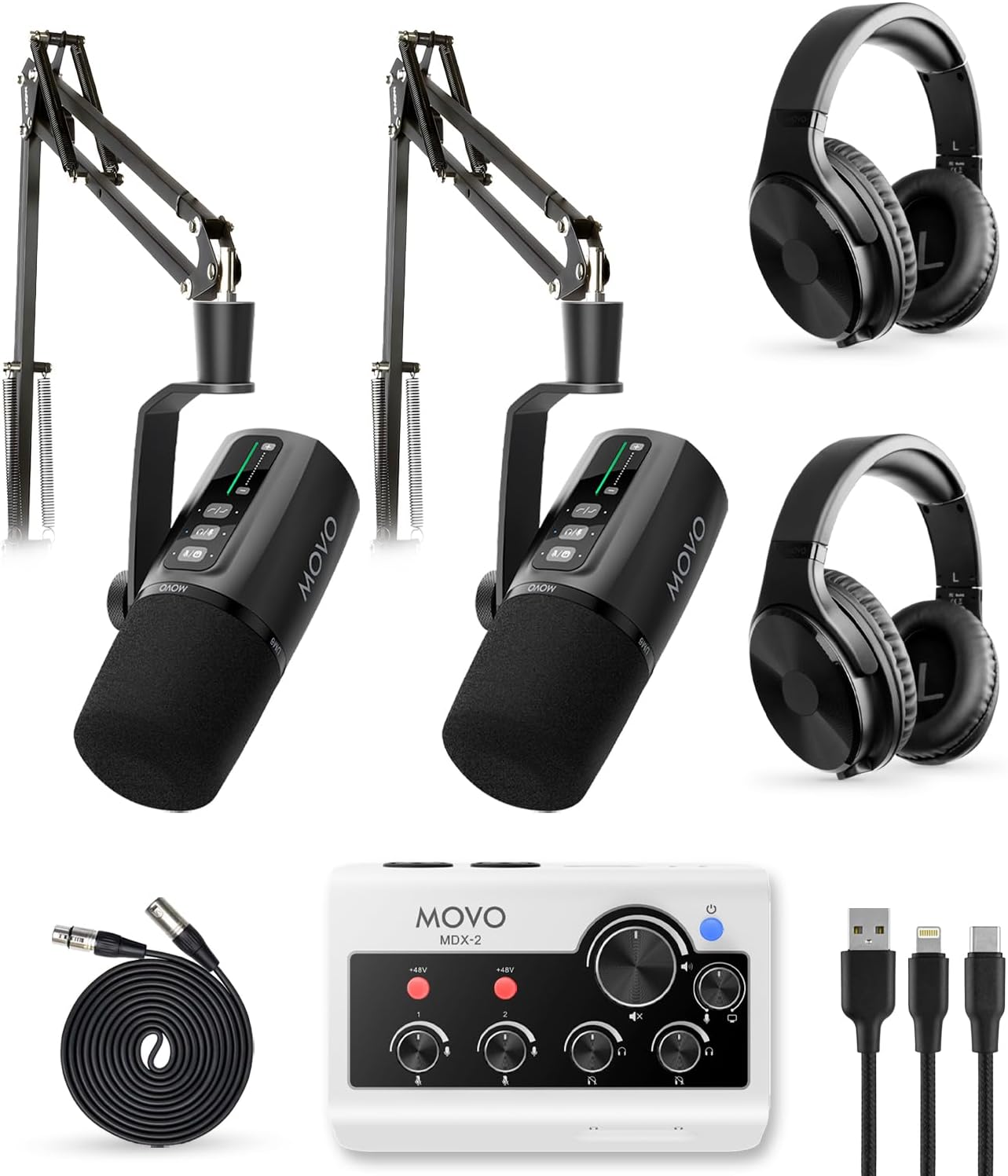 Movo Portable Podcast Equipment Bundle for iPhone/Android Phones- Podcast Kit with Audio Interface, 2 UM6 Dynamic Mics, 2 Headphones, 2 Boom Arms – for Smartphones, Computers, PC and Mac