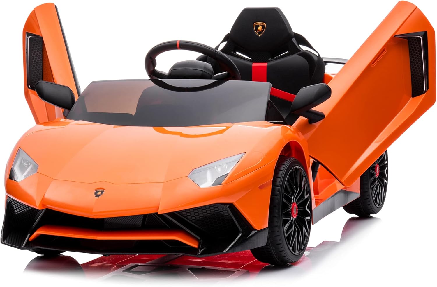 Kidzone Kids Electric Ride On 12V Licensed Lamborghini Aventador Battery Powered Sports Car Toy with 2 Speeds, Parent Control, Sound System, LED Headlights & Hydraulic Doors – Orange