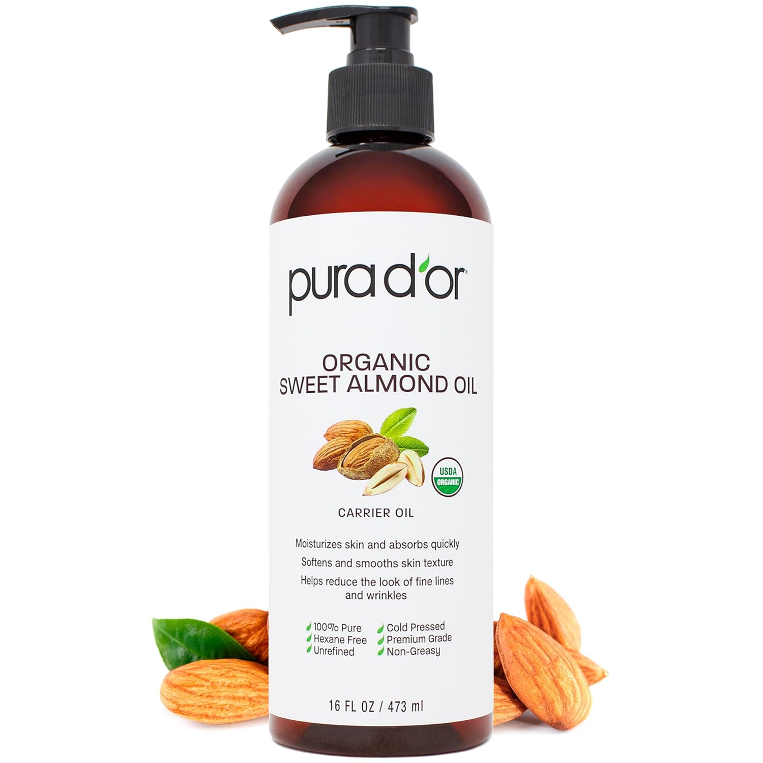 PURA D’OR 16 Oz ORGANIC Sweet Almond Oil – 100% Pure & Natural USDA Certified Cold Pressed Carrier Oil For DIY Beauty – Non-Greasy, Unscented, Hexane Free Moisturizer – Massage Oil For Hair & Skin