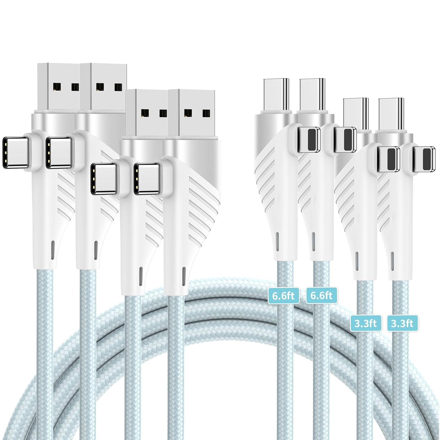 USB C Cable, 4 in 1 Charging Cable, 65 Watt USB-C Charger Cable, USB-C Cable w/Fast Charge, 5A Supports 480Mbps Data Transfer for MacBook, iPad, iPhone, Samsung, 6.6ft2pc and 3.3ft 2pcs