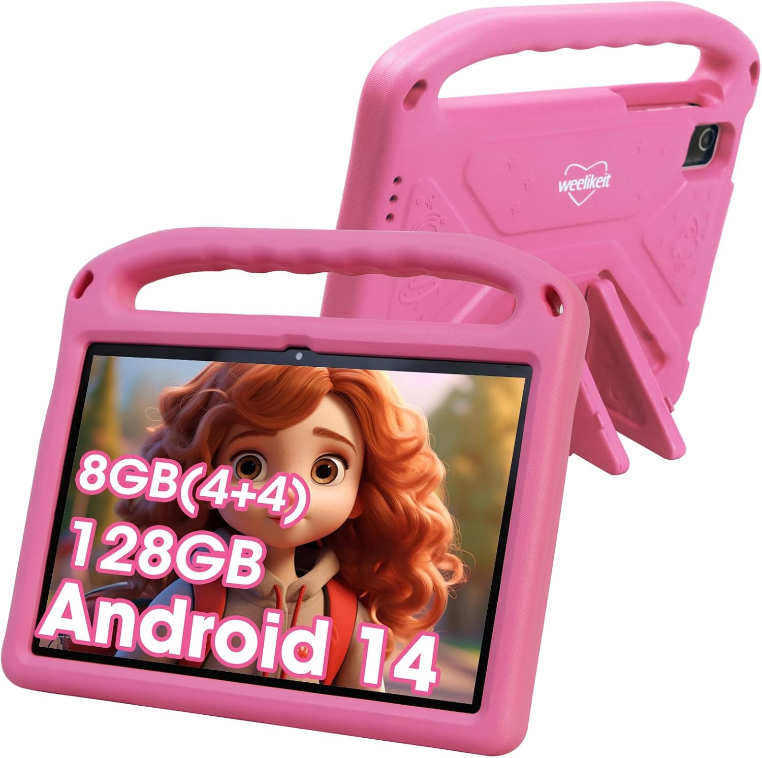 2024 Upgraded Kids Tablet, Weelikeit 10-Inch Android 14 Tablet for Kids, 8GB (4+4) RAM + 128GB Storage, 6000mAh Long Battery, Dual Cameras, Great Tablet for Toddlers, Case Included (Pink)