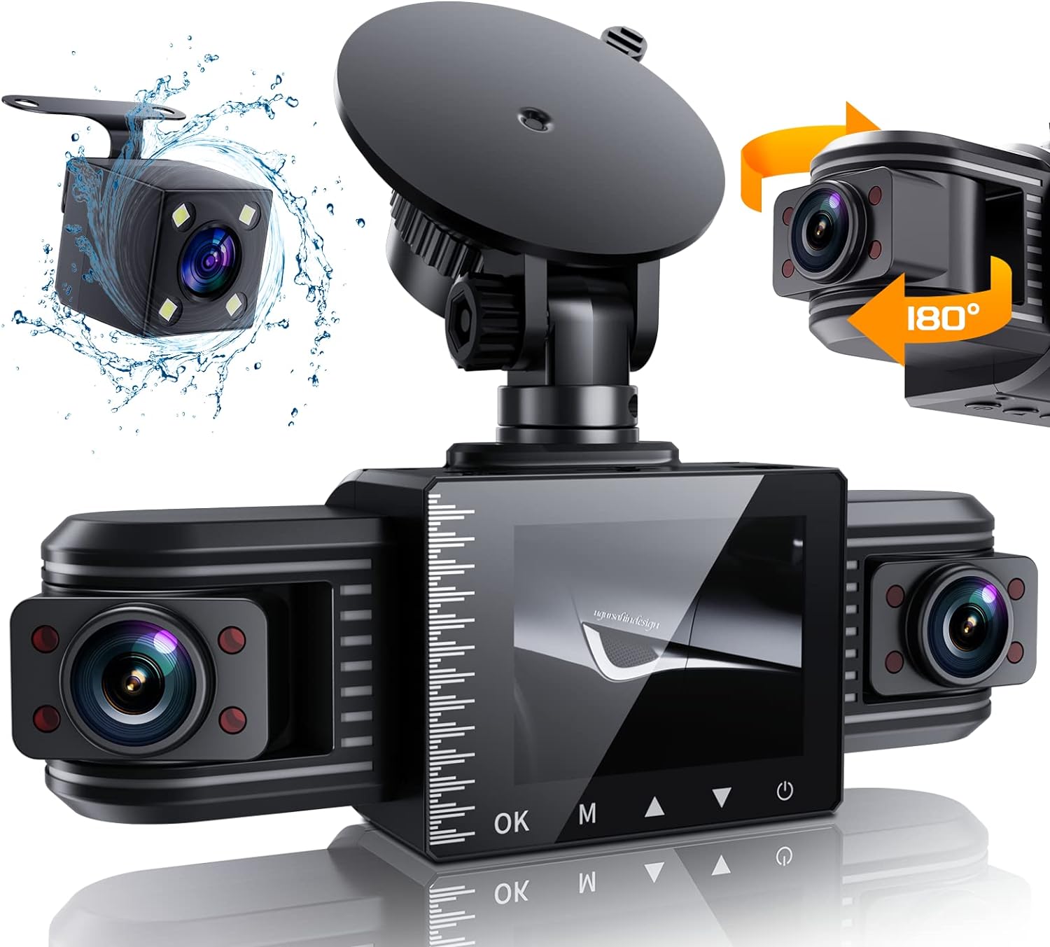 iiwey T1-pro Dash Cam Front and Rear Inside 3 Channel 1080P, Adjustable Lens Dash Camera for Cars with 8 IR Lamps Night Vision, Three Ways Triple Car Camera, Loop Recording, G-sensor, Parking Monitor