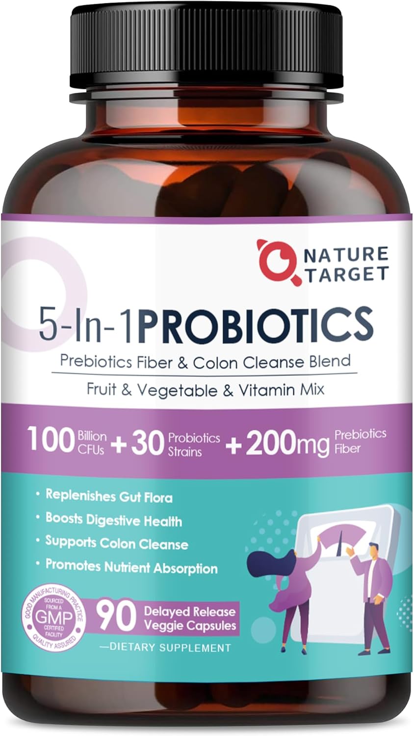 NATURE TARGET Probiotics for Women-Men-Kids Digestive Health, Prebiotics and Probiotics for Women, 100 Billion for Gut and Immune Health, No Refrigeration, 90 Veggie Capsules (45 Days Supply)