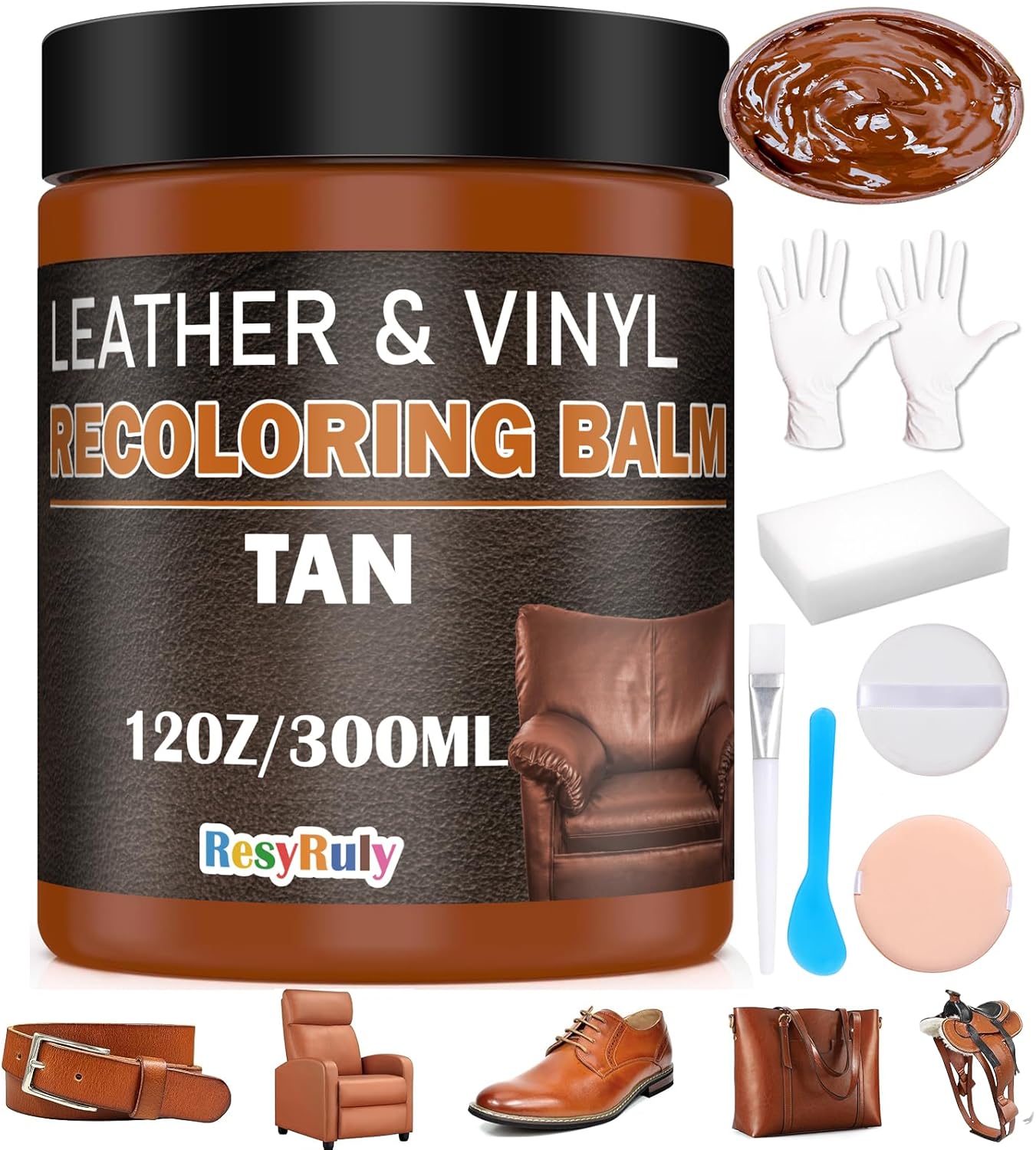 Saddle Tan Leather Dye Light Brown Recoloring Balm Repair Kit Vinyl Car Seat Interior Paint Furniture Couch Recliner Chair Boot Jacket Shoe Bag Purse Color Restorer Fading Scratch Stain Remover