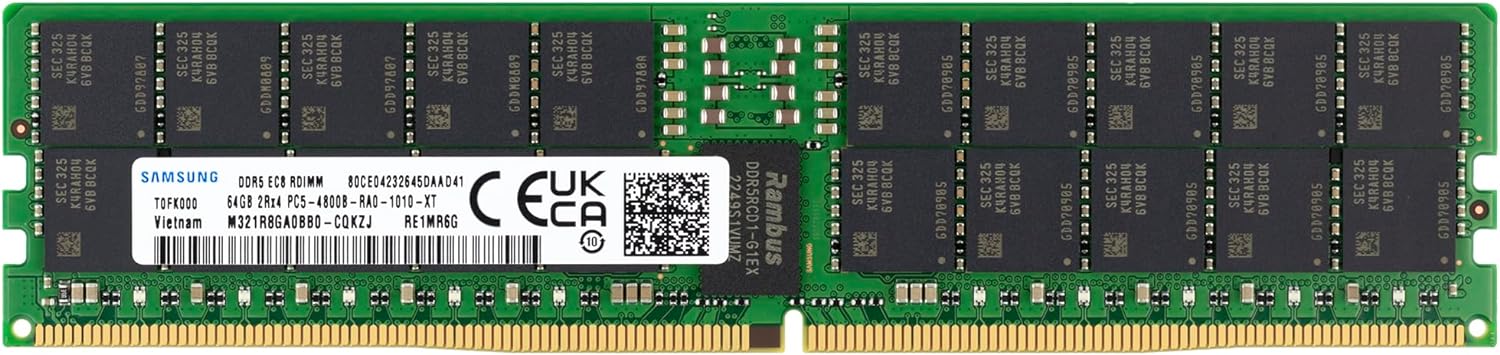 Samsung 64GB DDR5 4800MHz PC5-38400 ECC RDIMM 2Rx4 (EC8 10×4) Dual Rank 1.1V Registered DIMM 288-Pin Server RAM Memory M321R8GA0BB0-CQK