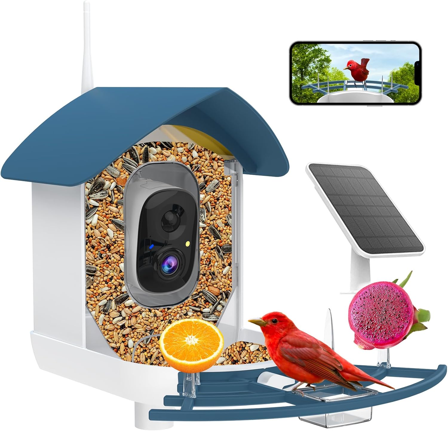 Bird Feeder with Camera,AI Identify Birds Species,Smart Birds Camera with Solar Powered,Auto Record 2K Birds Video in Backyard,Instant Notifications,Ideal Gifts for Family and Bird Lovers,Navy Blue