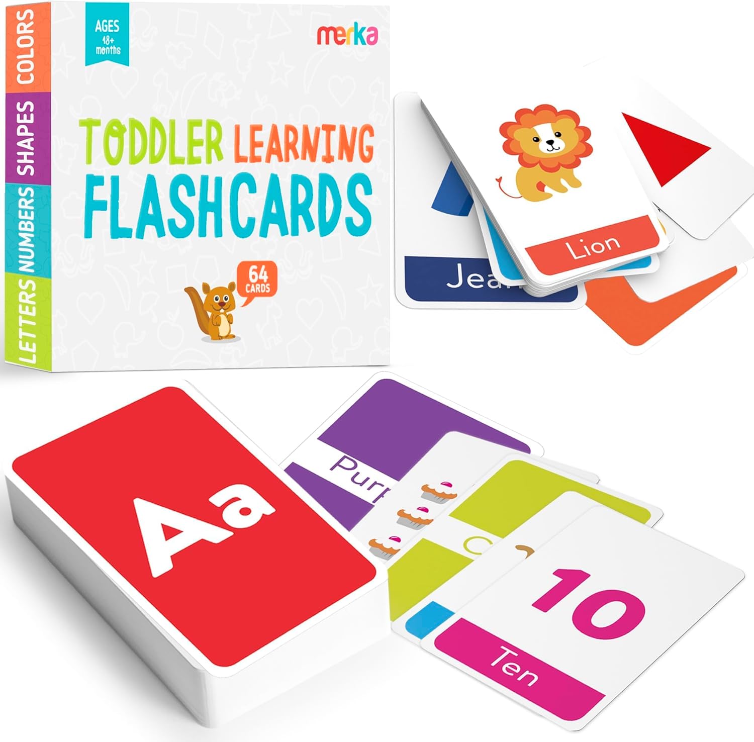 merka Toddler Flash Cards, Set of 64 Alphabet, Letters, Colors, Shapes and Numbers, Baby Learning Cards, Educational, Preschool, Toddler Flashcards, Double-Sided, for Toddlers 1-4 Years