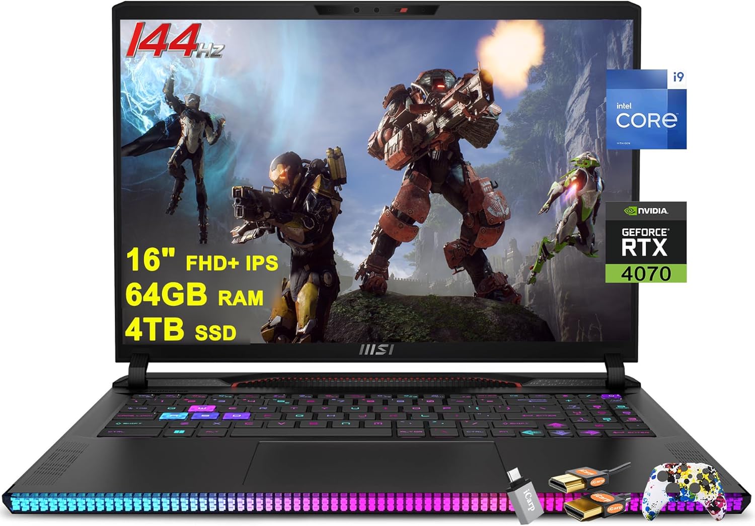 MSI Raider GE68HX Gaming Laptop 16″ FHD+ IPS 144Hz Intel 24-core i9-14900HX 64GB RAM 4TB SSD GeForce RTX 4070 RGB Backlit Thunderbolt4 USB-C Dynaudio FHD IR Privacy Camera Win11 w/ICP Accessory