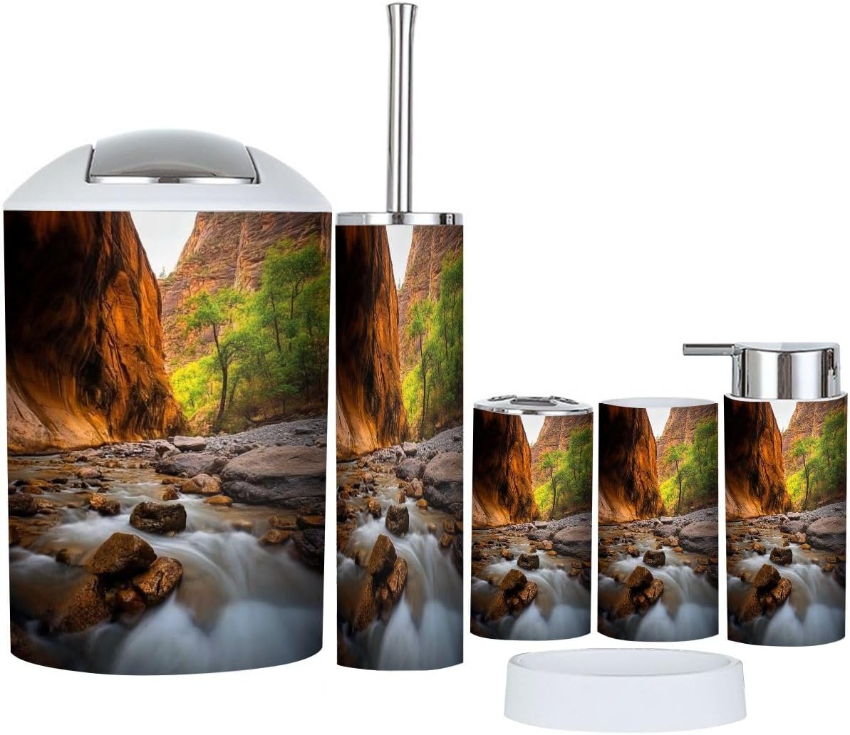 Bathroom Accessory Set 6 Piece The Narrows Zion National Park Utah Toothbrush Holder, Toothbrush Cup, Soap Dispenser, Soap Dish, Toilet Brush Holder, Trash can