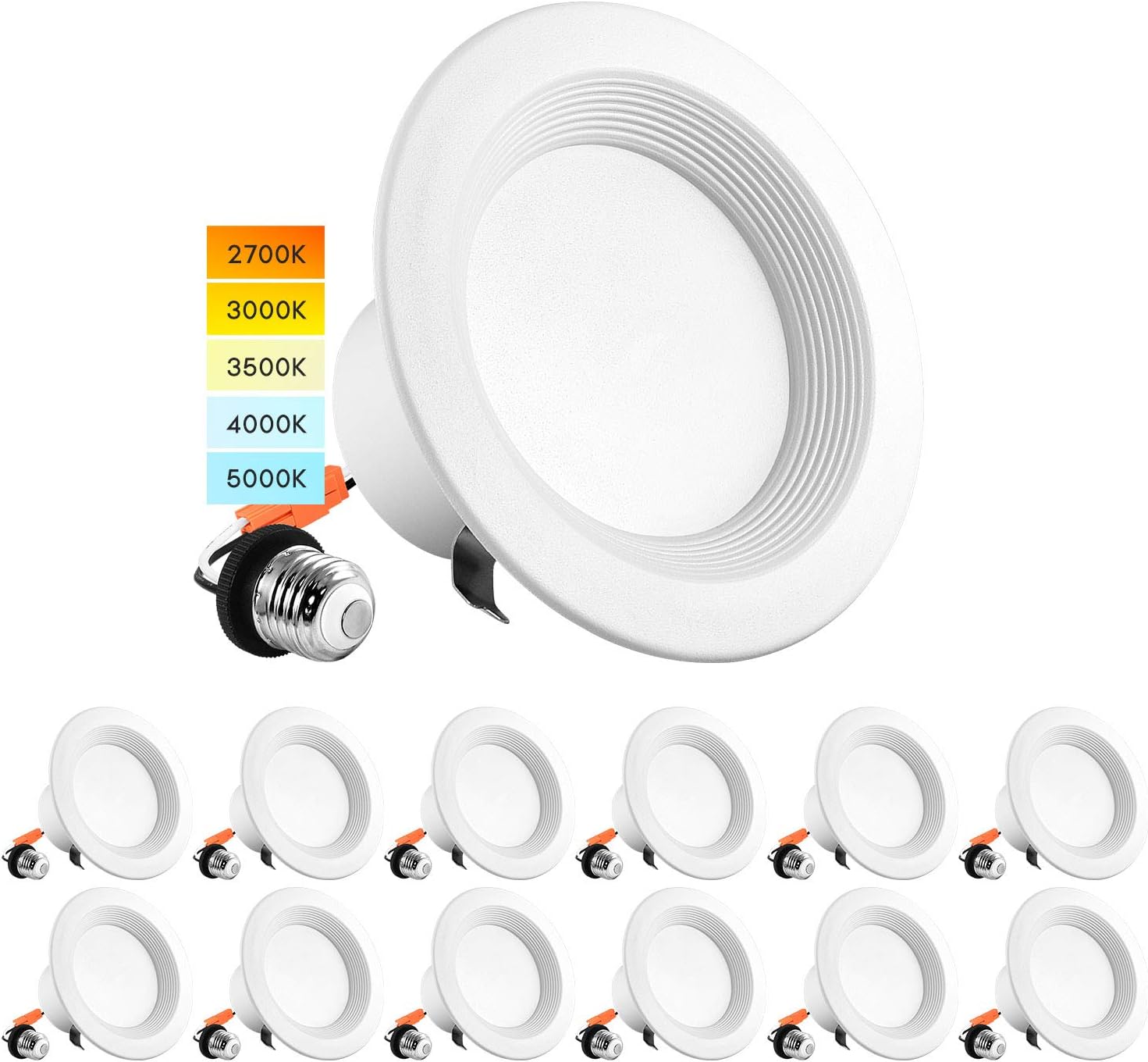 LUXRITE 4 Inch LED Recessed Can Lights, 10W=60W, CCT Color Selectable 2700K | 3000K | 3500K | 4000K | 5000K, Dimmable Retrofit Downlights, 750 Lumens, Energy Star, Wet Rated, Baffle Trim (12 Pack)