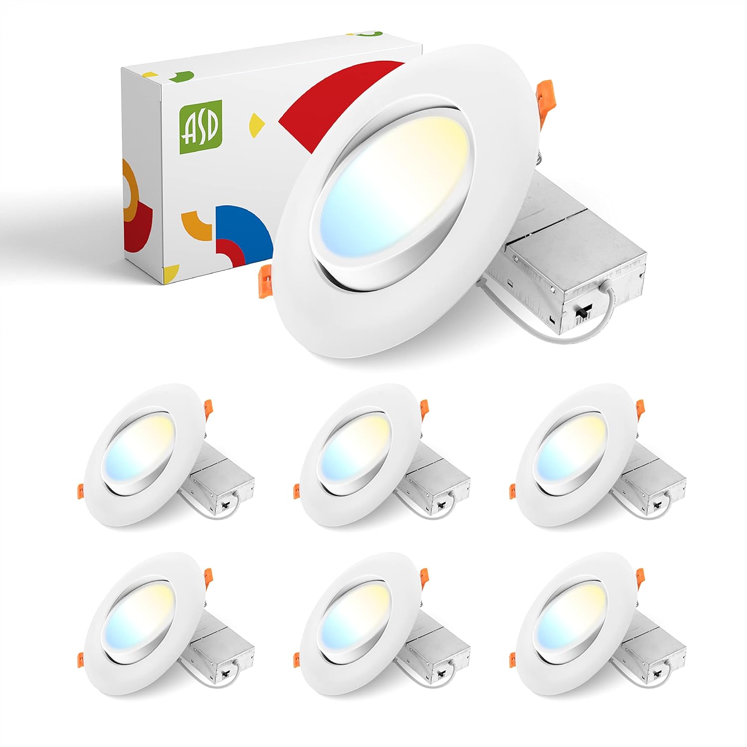 ASD 6 Inch Gimbal LED Recessed Light with Junction Box, 15W 1232Lm, 2700K/3000K/3500K/4000K/5000K Adjustable Directional Lighting, Dimmable Rotatable Slim Swivel Spotlight, UL Energy Star White 6 Pack