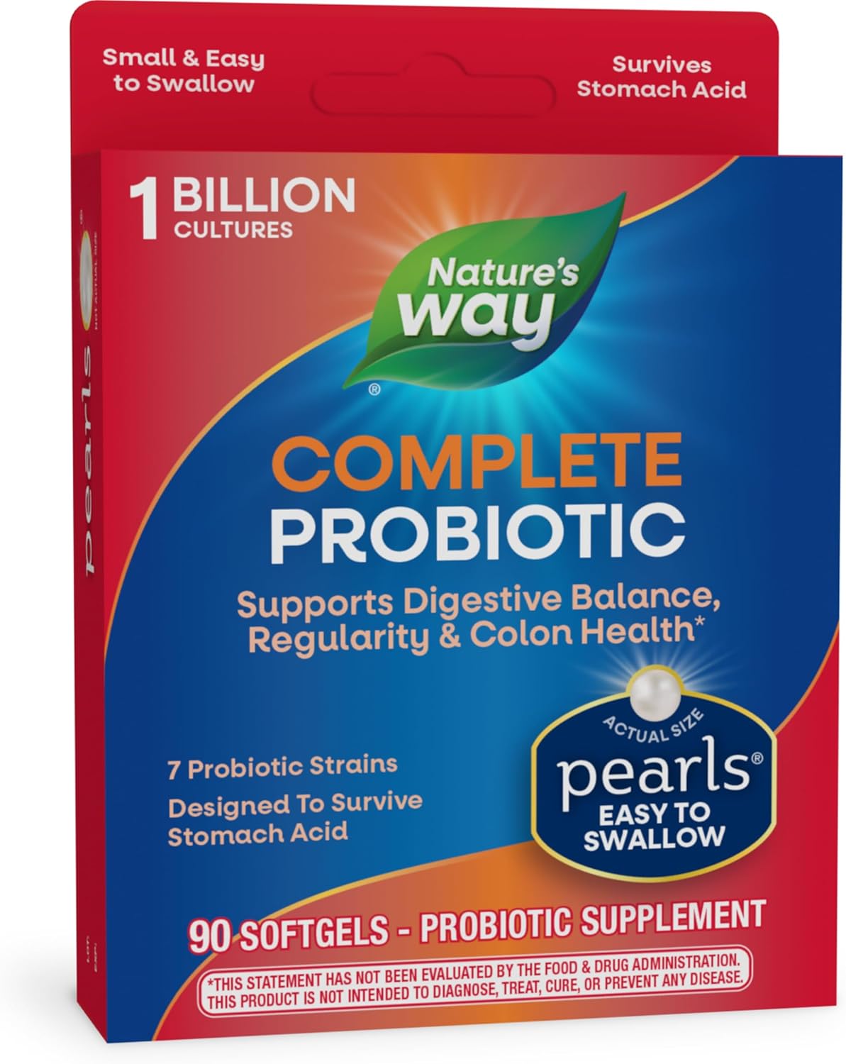 Nature’s Way Complete Probiotic Pearls, Supports Digestive Balance*, 1 Billion Live Cultures, Supplement for Men and Women, No Refrigeration Required, 90 softgels (Packaging May Vary)