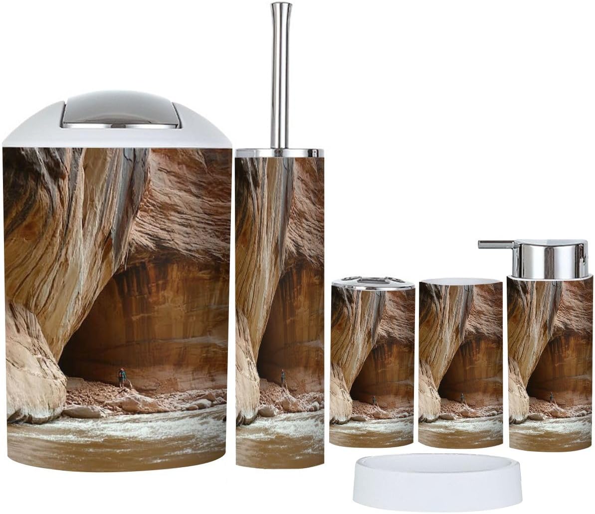 Bathroom Accessory Set 6 Piece Hiker Zion Narrows Toothbrush Holder, Toothbrush Cup, Soap Dispenser, Soap Dish, Toilet Brush Holder, Trash can