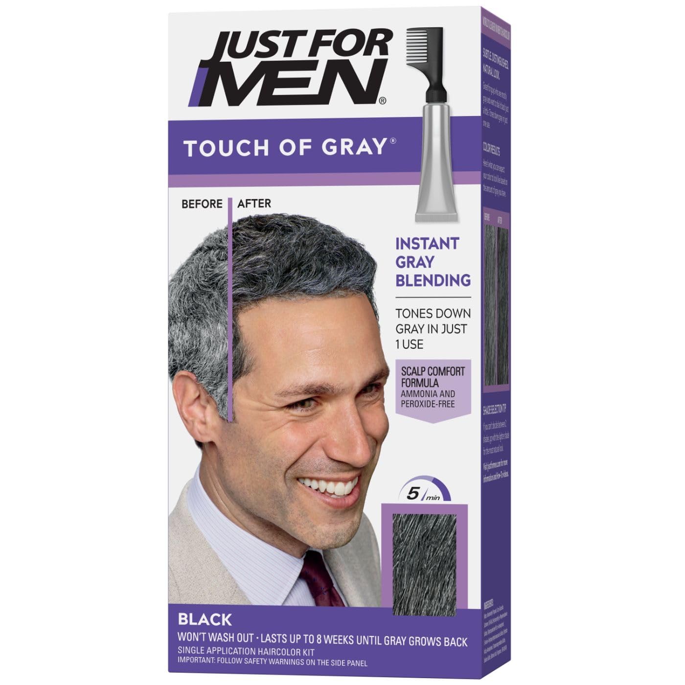 Just For Men Touch of Gray, Mens Hair Color Kit with Comb Applicator for Easy Application, Great for a Salt and Pepper Look – Black, T-55, Pack of 1