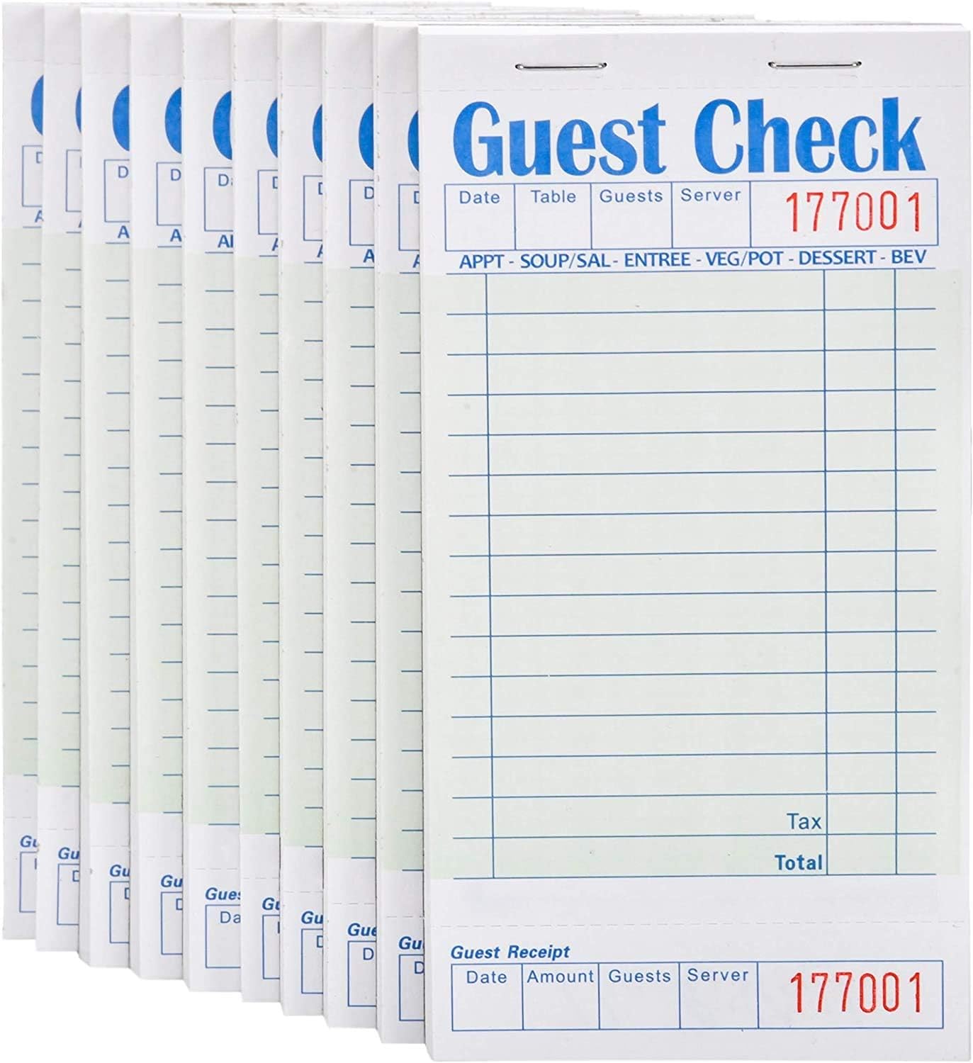 [10 Pads, 50 Sheets/Pad] Single Part Guest Checks Notebook/Notepad for Food Kitchen Orders | Fits Staff Server Apron | Green and White Guest Receipt Book | For Business Bar Cafe Restaurant Waitress