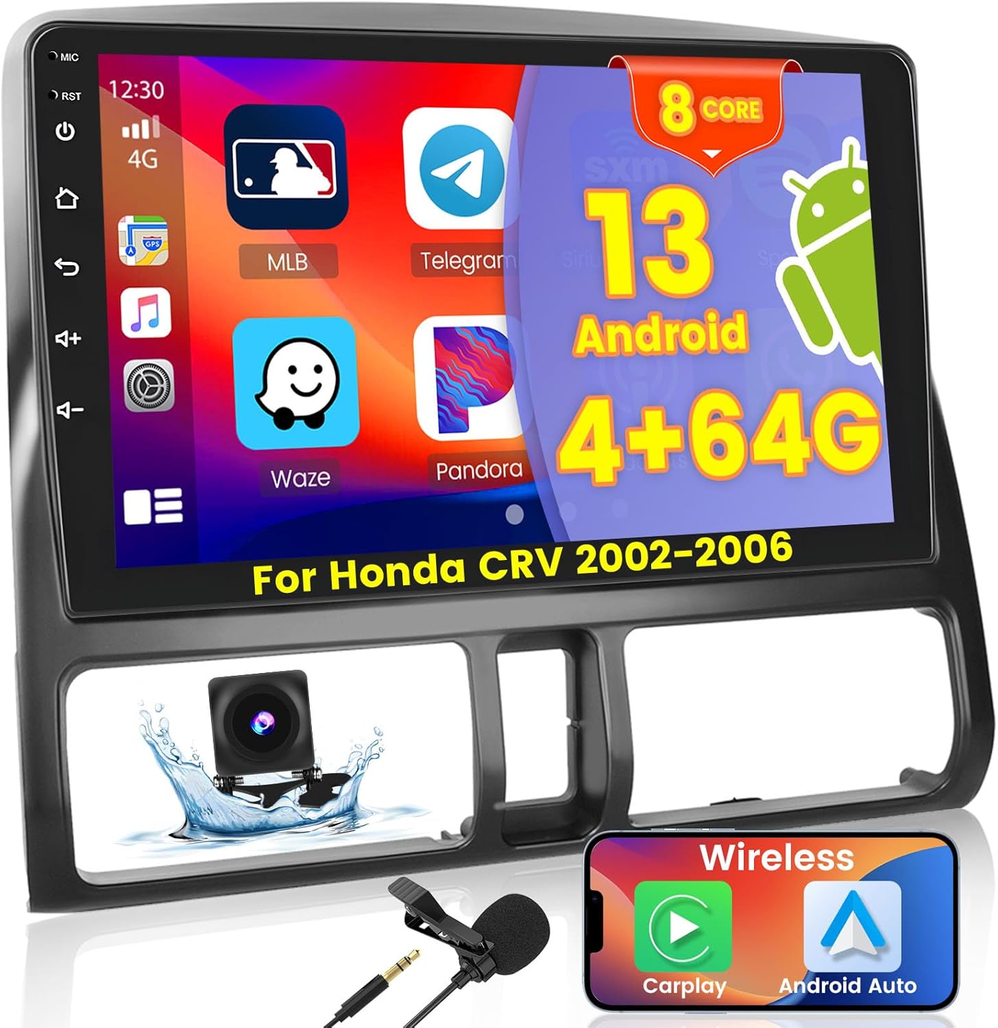 8-Core 4+64G Android Car Stereo Screen for Honda CRV 2002-2006 Radio Upgrade, 9” Touch Screen with Wireless CarPlay Android Auto, Mirror Link, GPS Navigation, AHD Backup Camera