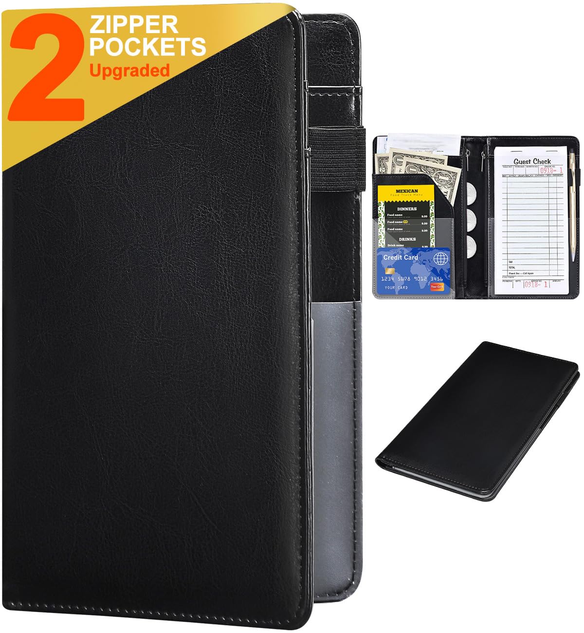 Server Books for Waitress – Leather Waiter Book Server Wallet with Zipper, Cute Waitstaff Organizer with Money Pocket Fit Server Apron（Classic Black）