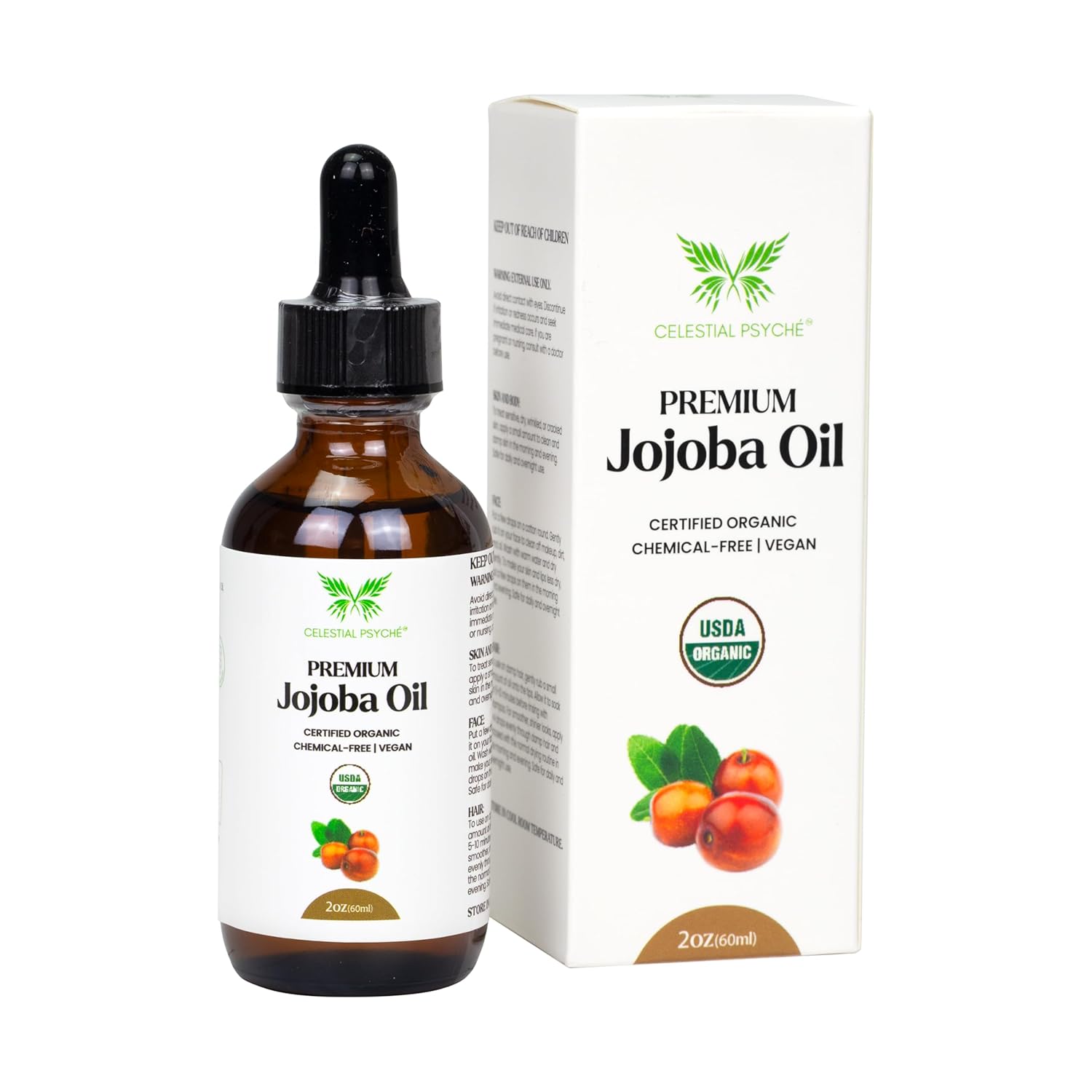 USDA Certified Organic Jojoba Oil (2 Oz) 100% Pure Natural, Chemical-Free, Hexane-Free, Hair Growth, Scalp Care, Skin Hydration, Nails Natural Beauty Enhancement, Anti-Aging