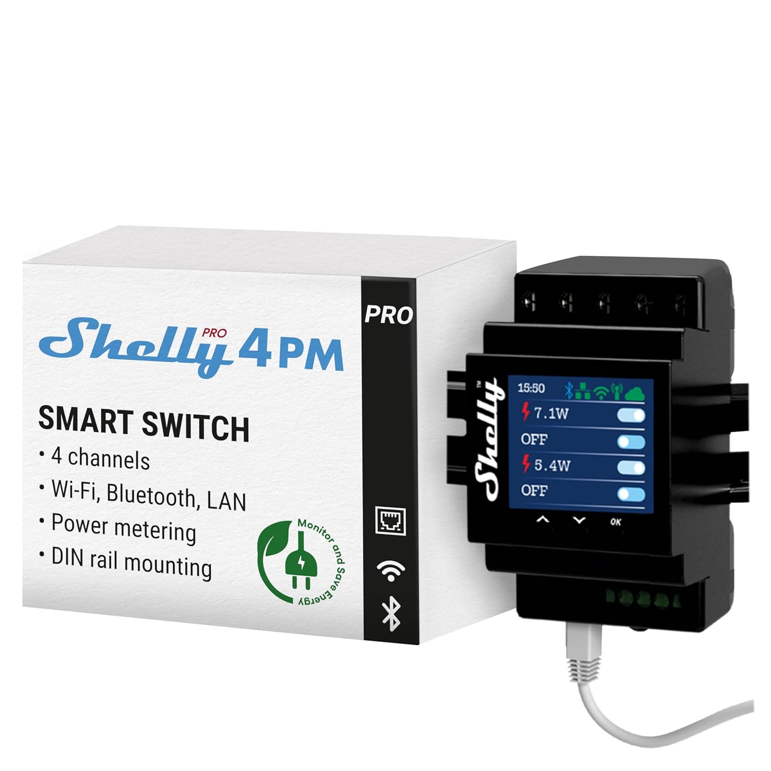 Shelly Pro 4PM | Wi-Fi, LAN & Bluetooth 4 Channel Smart Relay with Power Metering | Home Automation | Compatible with Alexa & Google Home | iOS Android App| Remote Appliances Control and Monitoring