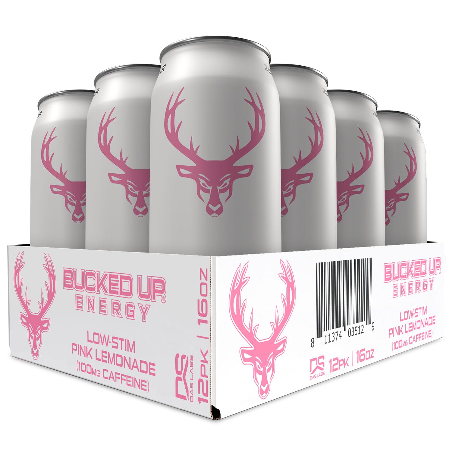 Bucked Up – Low Stim Energy Drink – 100mg Caffeine – Zero Sugar – 12 Pack (Pink Lemonade)