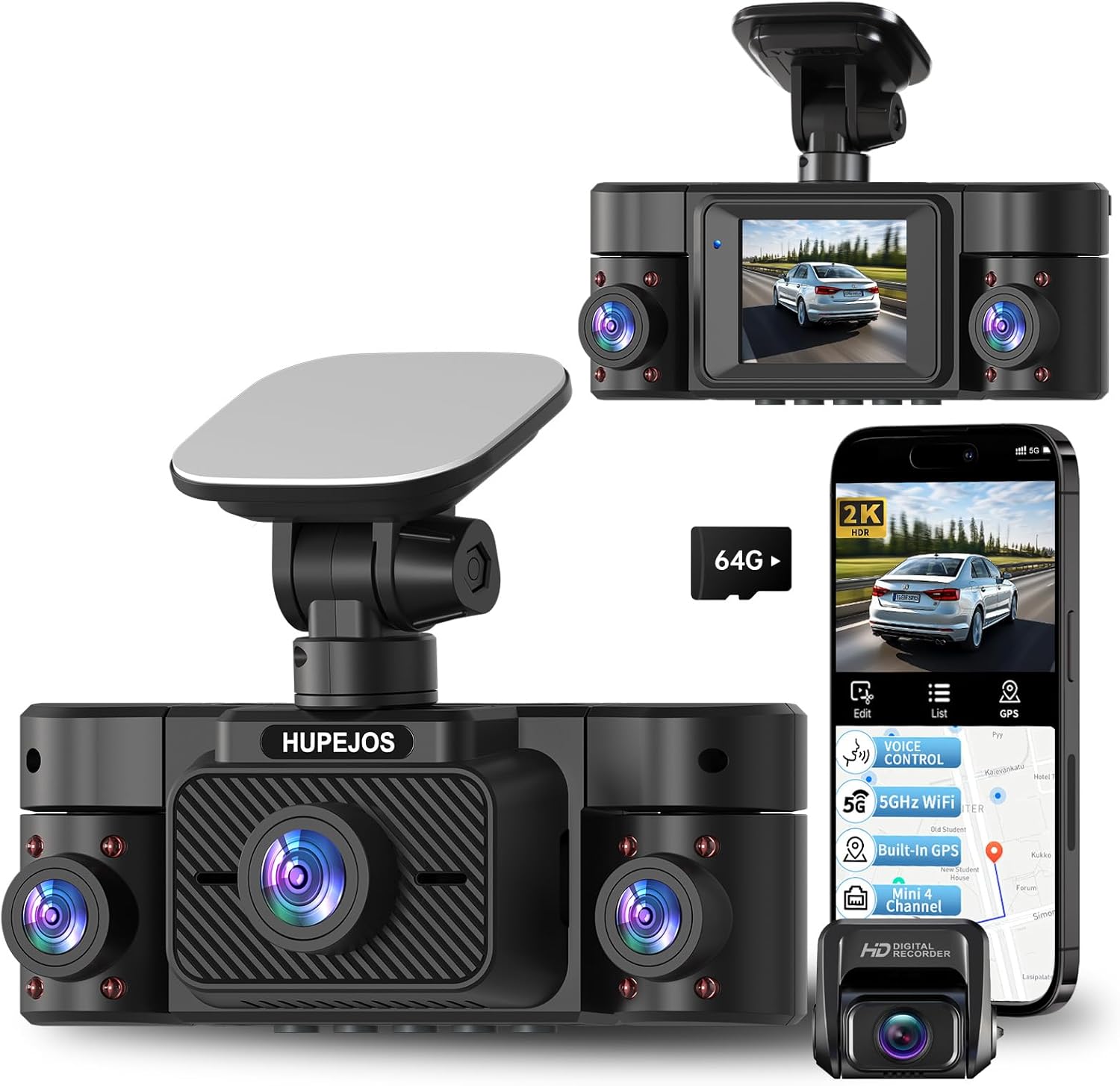 Dash Cam Front and Rear Inside, 360° Dash Camera for Cars 4 Channel 4K/2K FHD Mini Dashcam, Car Camera Built-in WiFi GPS, with 64GB Card, Voice Control, Night Vision WDR/HDR,24/7 Parking Mode V50-4CH