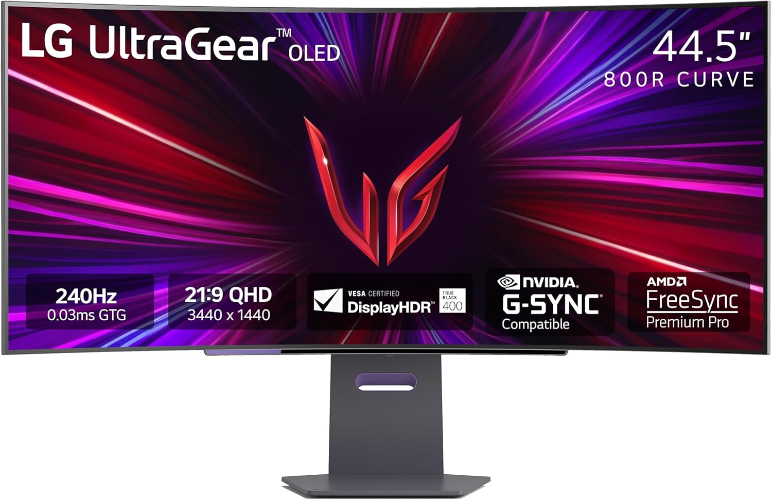 LG 45GS95QE Ultragear OLED Curved Gaming Monitor 45-Inch WQHD 800R 240Hz 0.03ms DisplayHDR True Black 400 AMD FreeSync Premium Pro NVIDIA G-Sync HDMI 2.1 DisplayPort Tilt/Height/Swivel Stand – Black