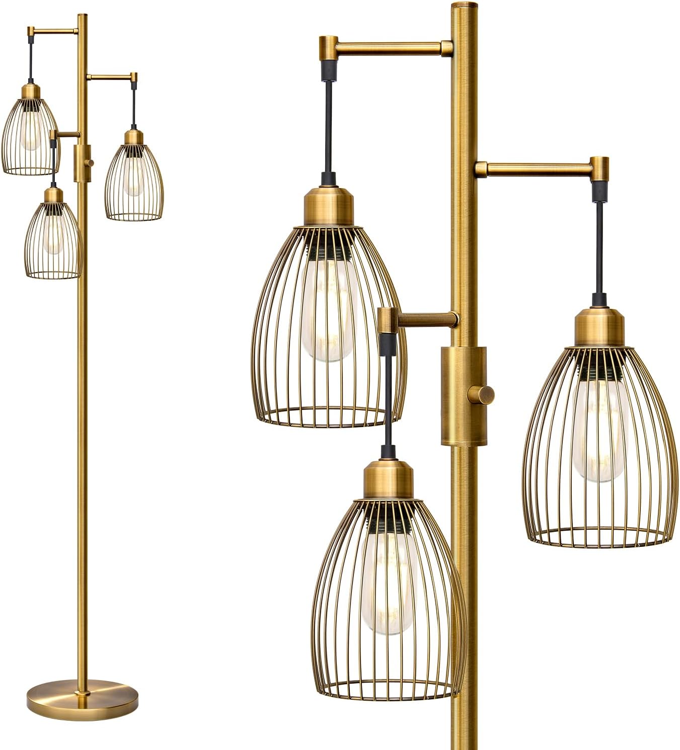 Dimmable Floor Lamp, Industrial Floor Lamps for Living Room, Antique Brass Tree Lamp Standing Lamp Tall Lamps with 3 Elegant Teardrop Cage Head & 800 Lumens LED Bulbs for Living Room Bedroom Office