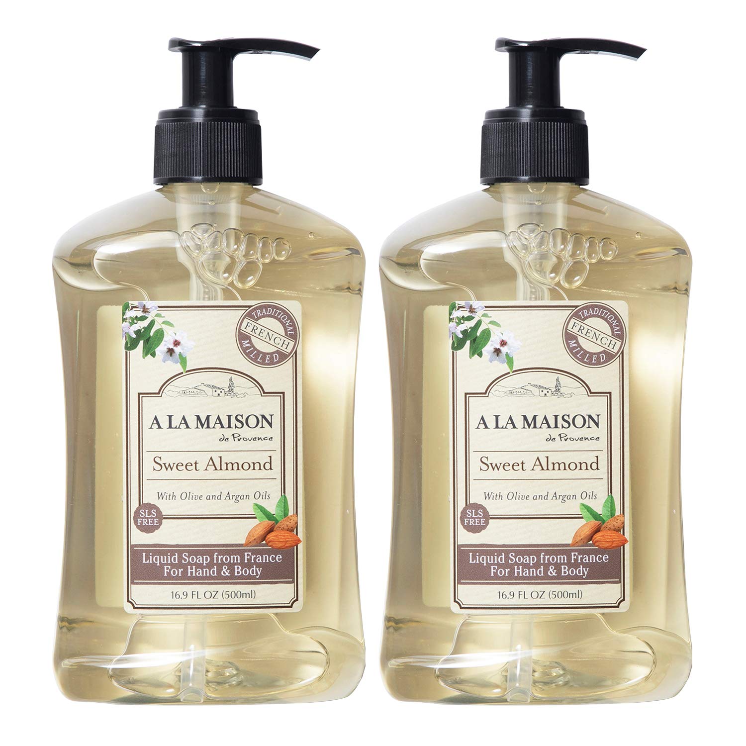 A LA MAISON de Provence Sweet Almond Liquid Hand and Body Soap (Pack of 2) With Coconut Oil, Argan Oil and Vitamin E, 16.9 fl oz Each