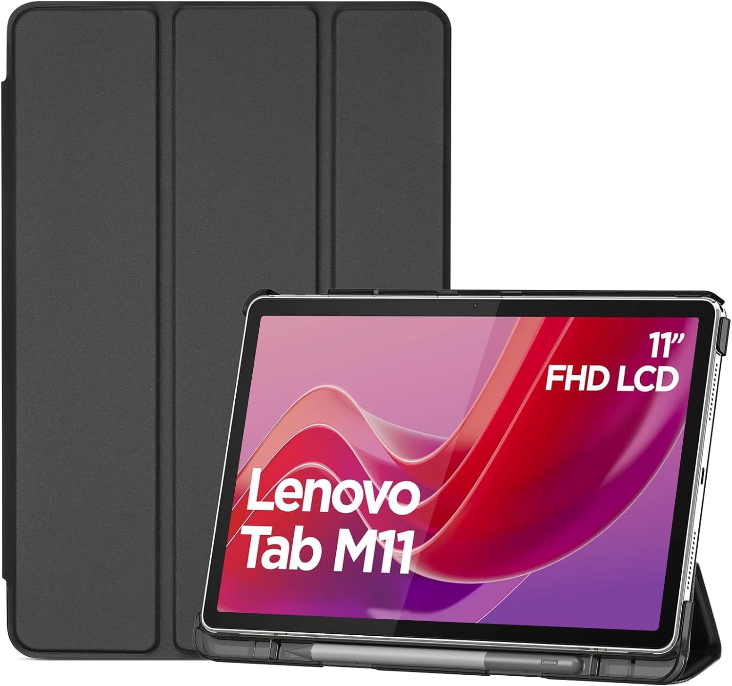 ProCase Smart Case for Lenovo Tab M11/Tab K11 LTE 11″ 2024 TB330FU with Pen Holder, Slim Stand Tri-Fold Hard Shell Protective Tablet Cover Translucent Back Case Support Auto Wake/Sleep -Black