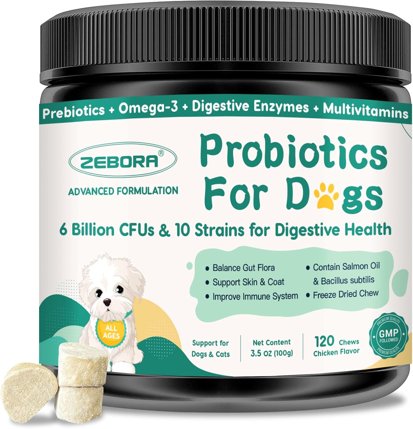 Probiotics for Dogs Digestive Health, Dog Probiotics and Digestive Enzymes, Prebiotics, Omega-3 & 6 and Vitamin for Dogs, 6 Billion CFUs for Gut Health and Immune Support, 120 Chews