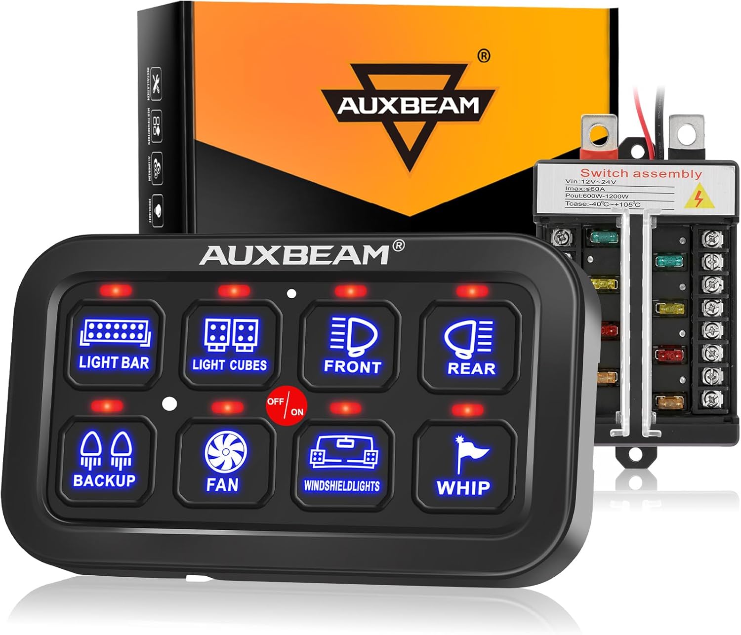 Auxbeam Switch Panel 8 Gang Switch Panel BB80 Universal Circuit Control System Relay Box Automatic Dimmable Panel Switch Box LED Switch Panel for Car Truck Offroad ATV SUV – Blue, 2 Years Warranty