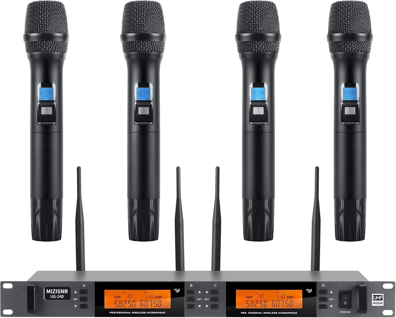 Wireless Microphone System 4 Channel, UHF Metal Cordless Handheld Mics Set – 200 Adjustable Frequencies, Auto Scan & Memory Function, 300ft Range, Ideal for Karaoke Church Wedding（UG-240