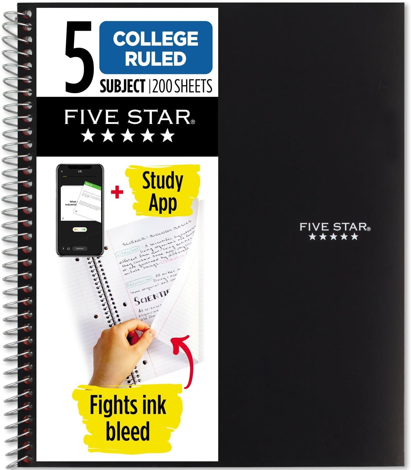 Five Star Spiral Notebook + Study App, 5 Subject, College Ruled Paper, Fights Ink Bleed, Water Resistant Cover, 8-1/2″ x 11″, 200 Sheets, Black (72081)