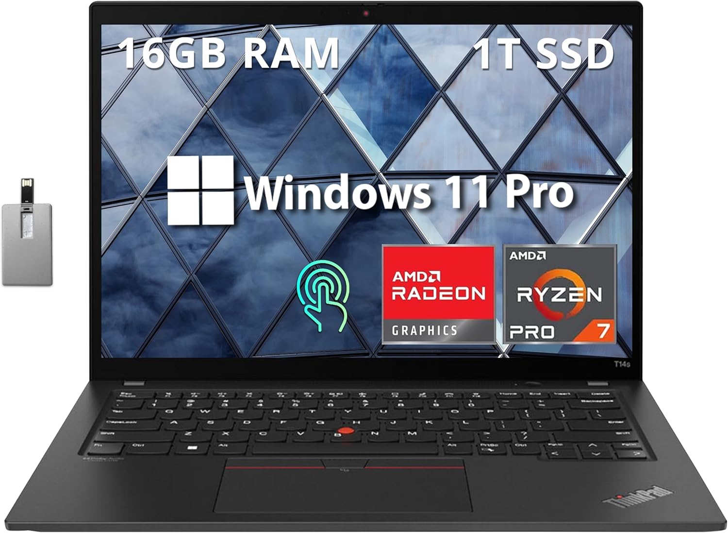 Lenovo ThinkPad T14s Gen 3 Laptop, 14” WUXGA IPS Touchscreen Display, AMD Ryzen 7 6850U Processor, 16GB DDR5 RAM, 1TB PCIe SSD, Backlit Keyboard, WiFi 6E, Win 11 Pro, Thunder Black, 32GB USB Card