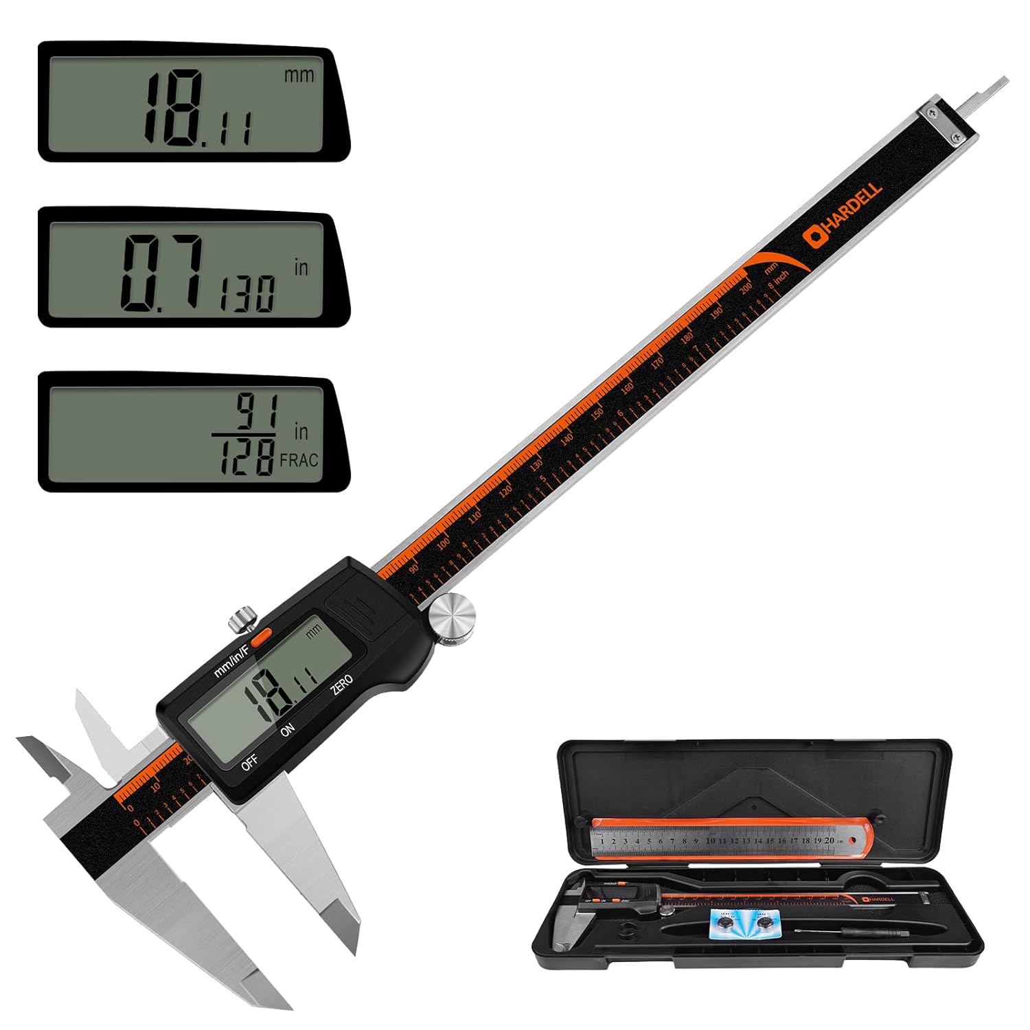 HARDELL Digital Caliper, 0-8 Inch Measuring Tool Large LCD Screen,Stainless Steel,Auto-Off,Inch/Fractions/Millimeter Waterproof Caliper Digital Micrometer for DIY/Household/3D Printing