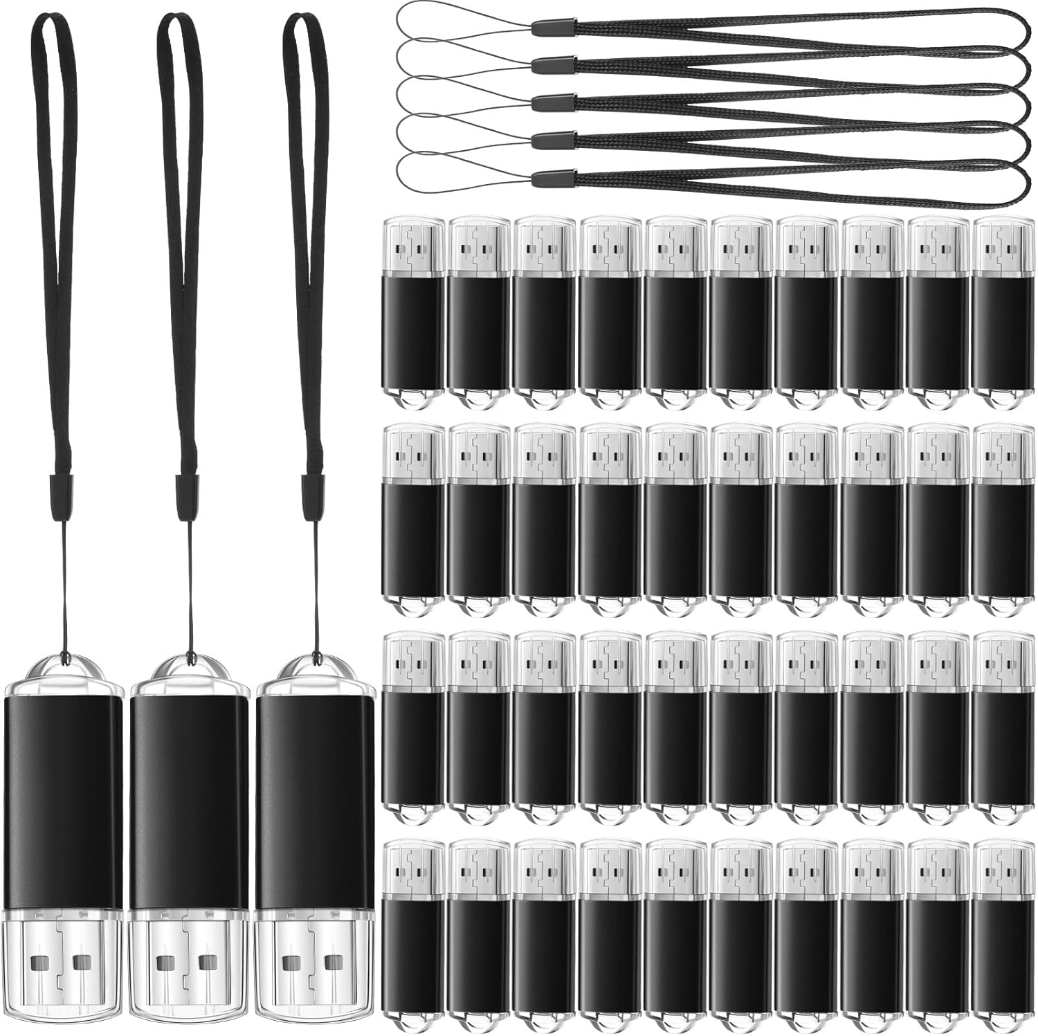 Hoteam 50 Pcs USB 2.0 Flash Drives Bulk, Portable USB Thumb Drive with 50 Black Lanyard, USB Protective Cover Flash Drives for Office School Data Storage, Black (32GB)