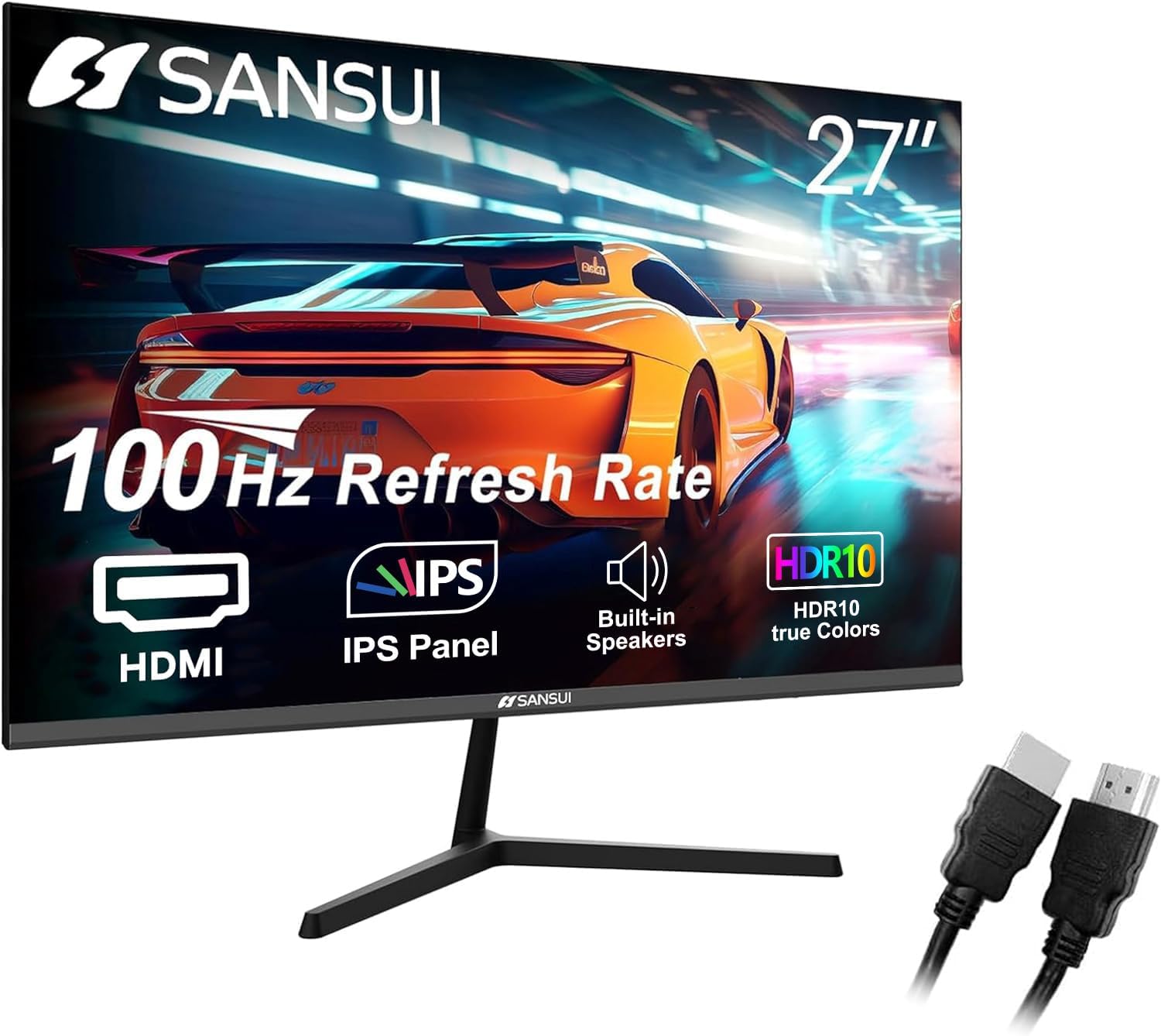 SANSUI 27 inch Monitor 100Hz IPS FHD 1080P HDR10, Computer Monitor Built-in Speakers Gaming Monitor with HDMI/VGA Ports Game RTS/FPS Adaptive Sync, Tilt Adjustable (ES-27X3L HDMI Cable Included)