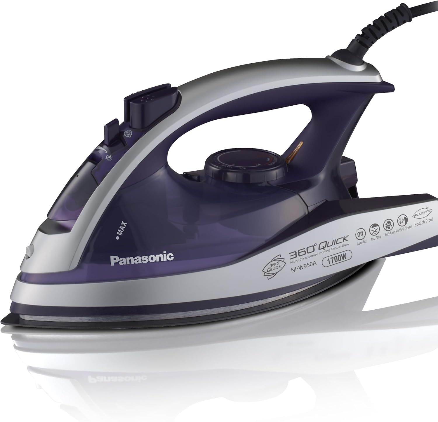 Panasonic Dry and Steam Iron with Alumite Soleplate, Fabric Temperature Dial and Safety Auto Shut Off – 1700 Watt Multi Directional Iron – NI-W950A, Purple