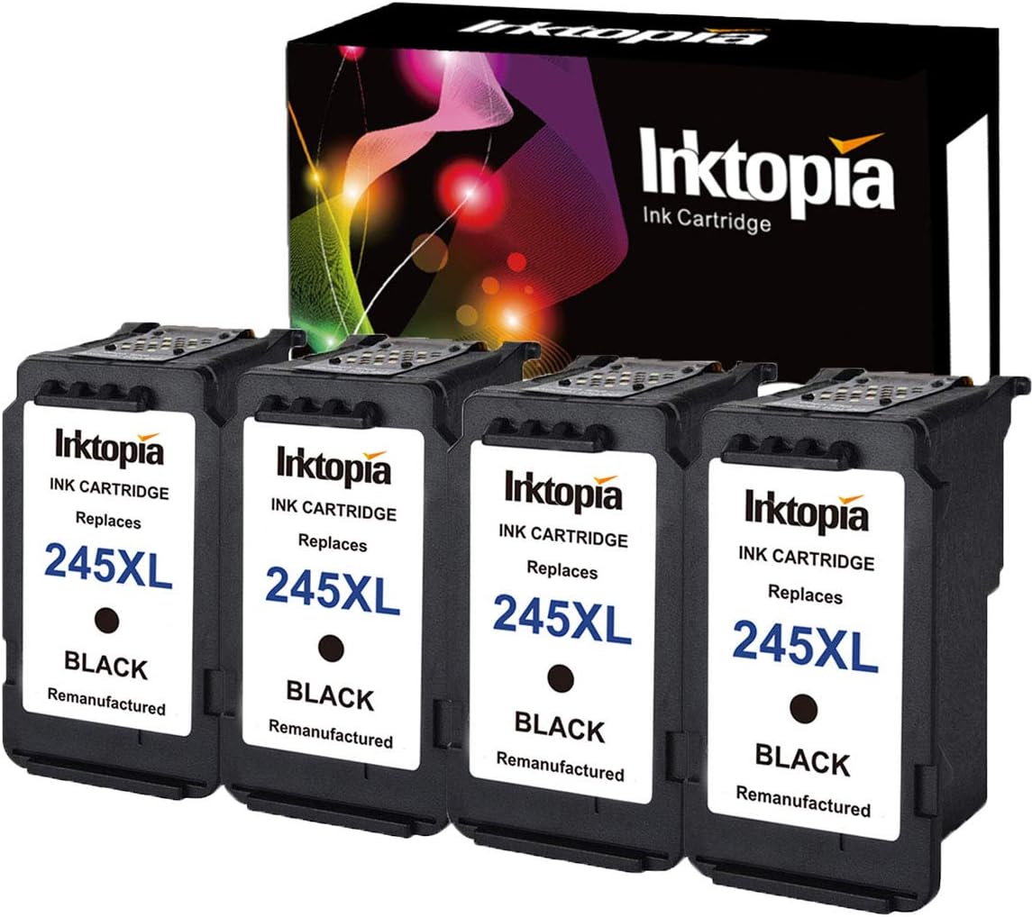 Inktopia 4 Pack Remanufactured Ink Cartridge Replacement for PG 245XL 245 XL (4 Black) with Ink Level Indicator Used for Canon PIXMA iP2820 MG2420 MG2520 MG2920 Printer