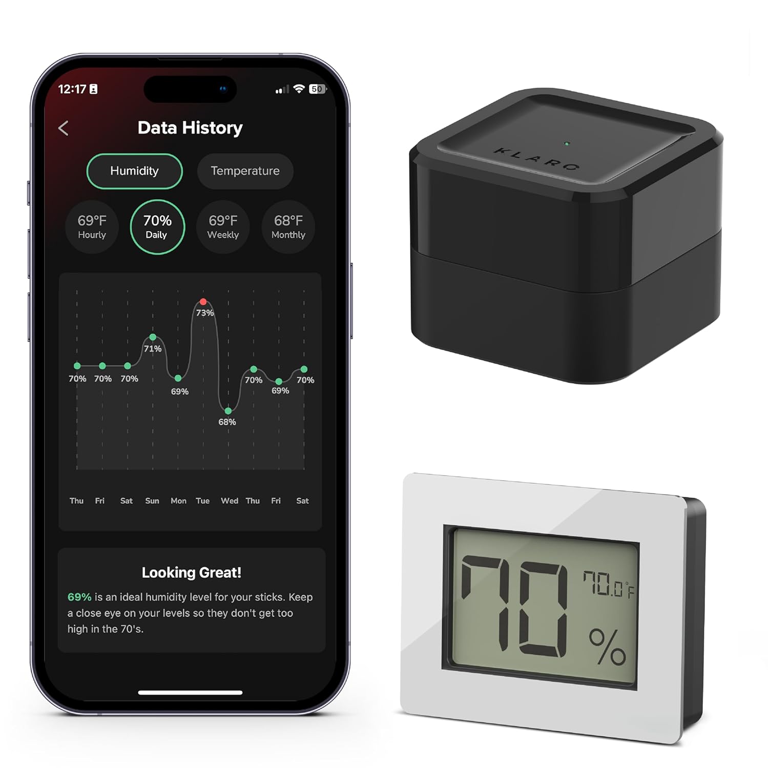 Klaro Valet – Smart Humidity & Temperature Hygrometer Sensor, App Notifications with Guided Seasoning, WiFi Bridge & Digital Display for 24/7 Remote Monitoring – Chrome Finish (iOS & Android App)