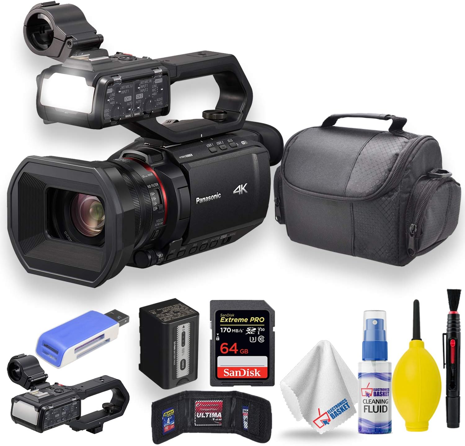 Panasonic HC-X2000 UHD 4K 3G-SDI/HDMI Pro Camcorder with 24x Zoom W/Soft Case + Sandisk Extreme Pro 64GB Card + Clean and Care Set + More – Starter Bundle