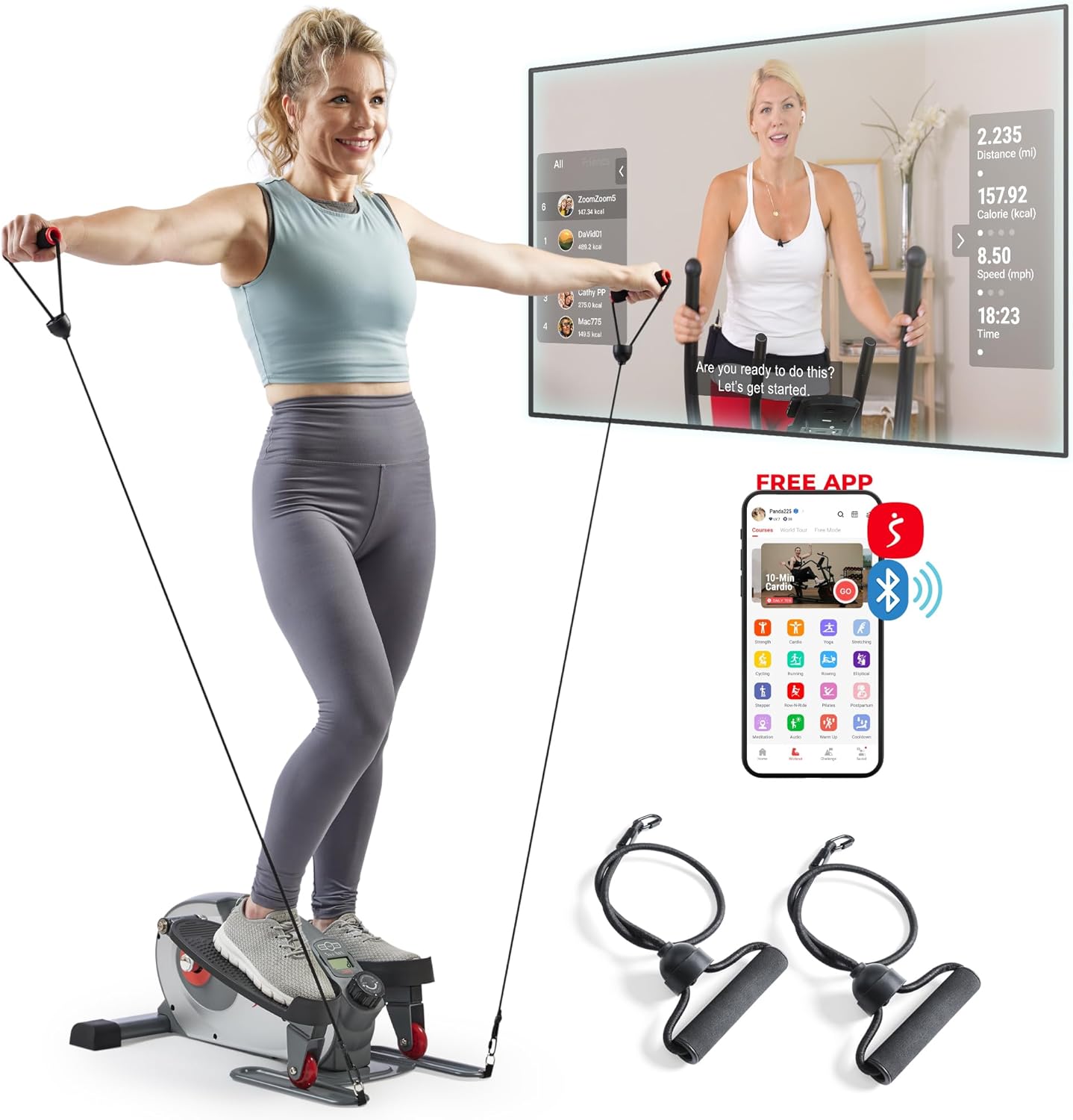 Sunny Health & Fitness 2 in 1 Sit/Stand Mini Elliptical Machine, Portable Under Desk Peddler Exerciser for Senior Home Workout, Free Sunnyfit App Bluetooth Link, Optional Handlebars & Resistance Bands