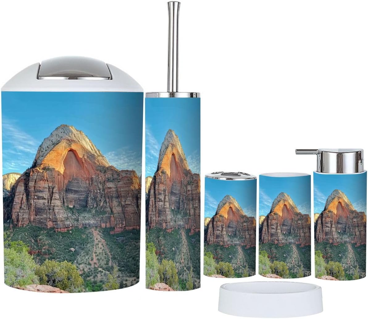 Bathroom Accessory Set 6 Piece Zion Overlook Canyon Arch Toothbrush Holder, Toothbrush Cup, Soap Dispenser, Soap Dish, Toilet Brush Holder, Trash can