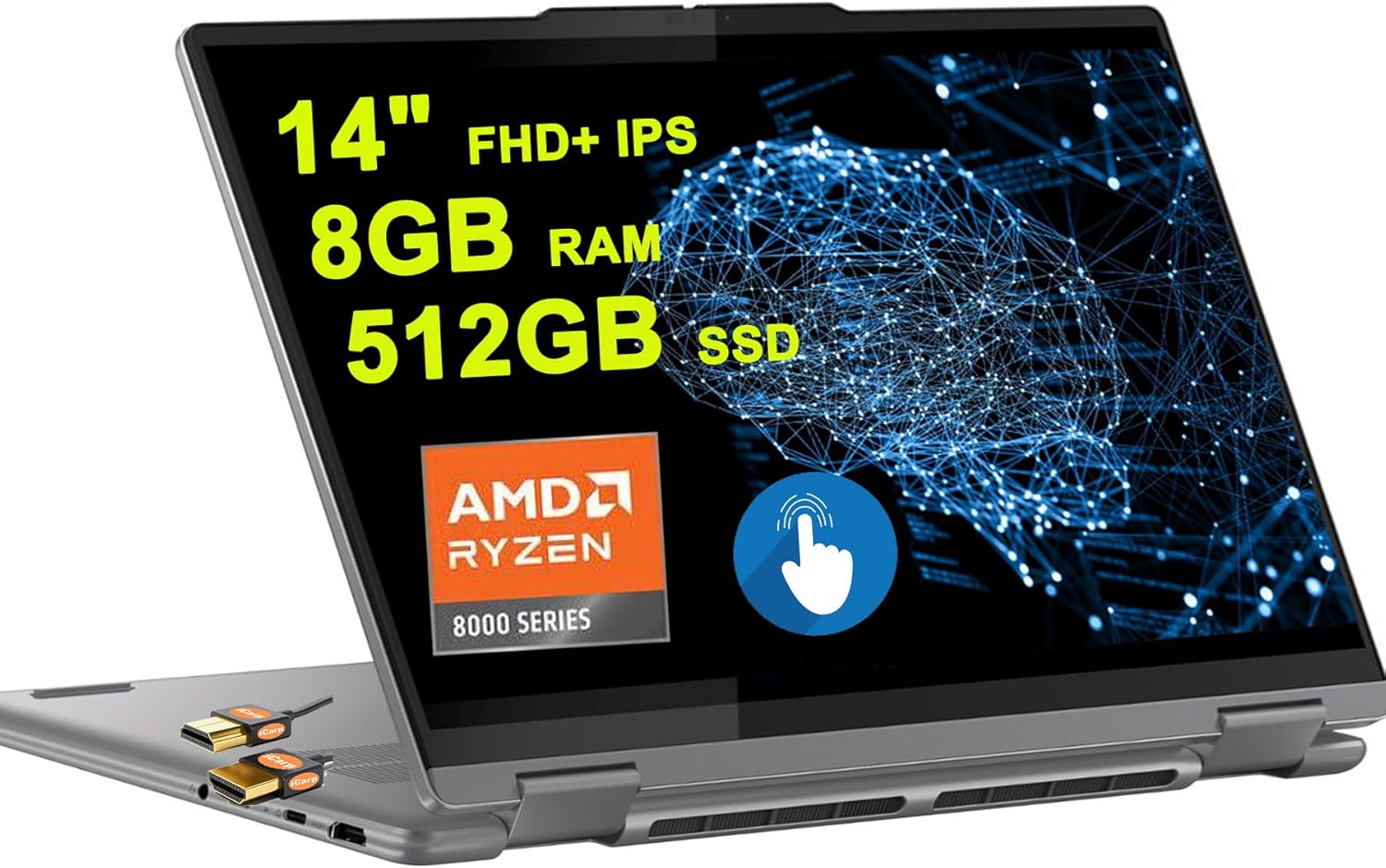 Lenovo Yoga 7 2-in-1 AI PC Laptop 14″ FHD+ IPS Touch AMD Zen4 6-core Ryzen 5 8640HS (> i7-1255u) 8GB RAM 512GB SSD Backlit Fingerprint FHD IR Privacy Camera Long-Lasting Battery Win11 + HDMI Cable