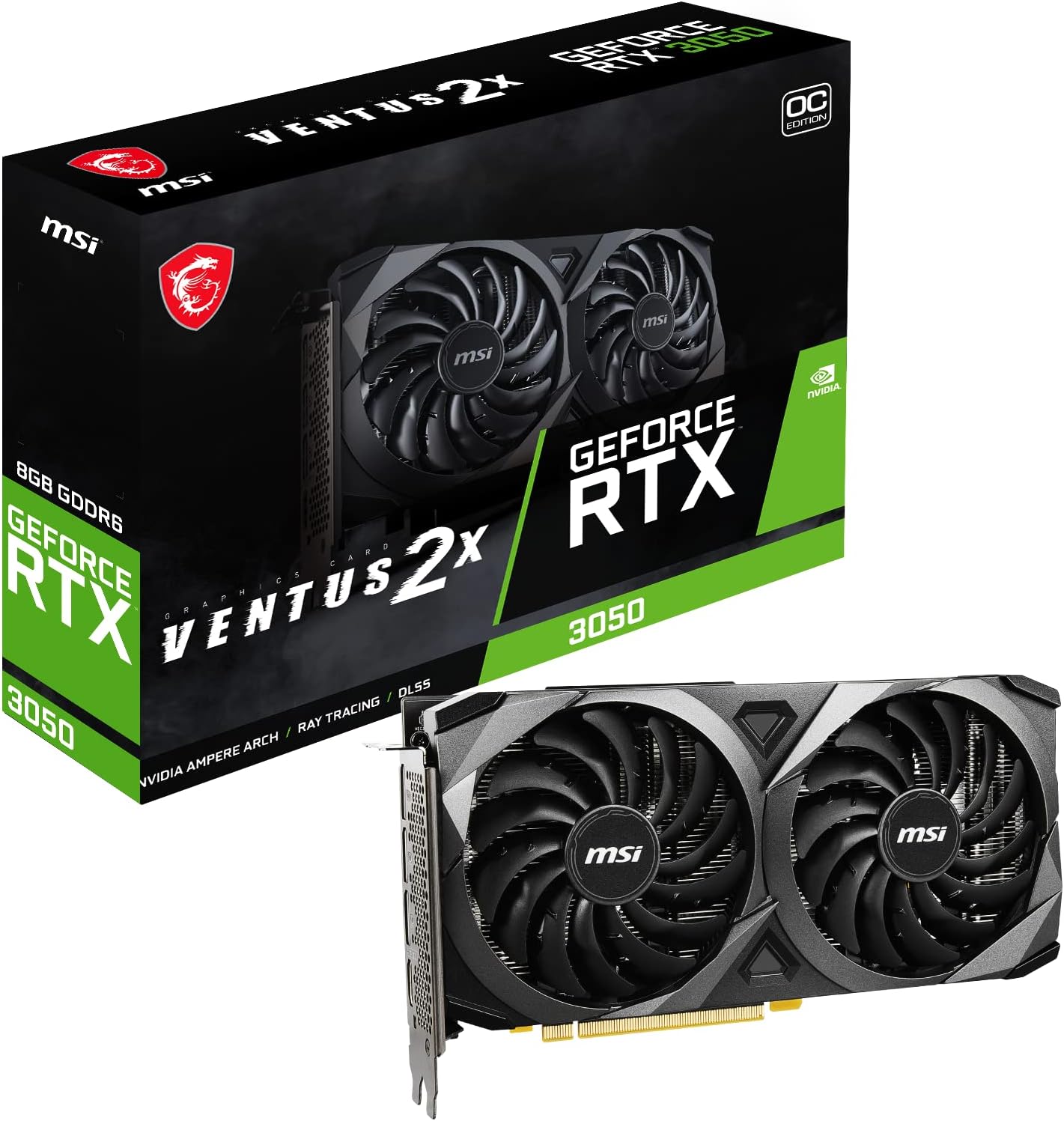 MSI Gaming GeForce RTX 3050 8GB GDRR6 Boost Clock: 1807 MHz 128-Bit HDMI/DP PCIe 4 Torx Twin Fans Ampere OC Graphics Card (RTX 3050 Ventus 2X 8G OC)