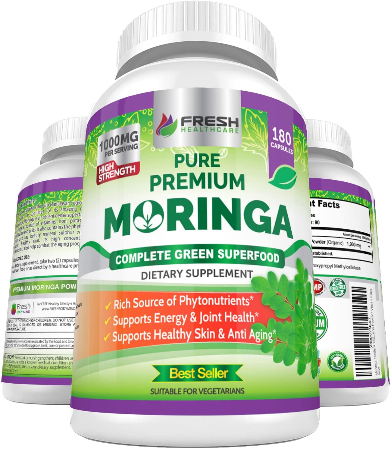 FRESH HEALTHCARE Moringa Oleifera 180 Capsules – 100% Pure Leaf Powder – 3 Month Supply – Non GMO and Gluten Free – Complete Green Superfood Supplement – Energy, Metabolism and Immune Support