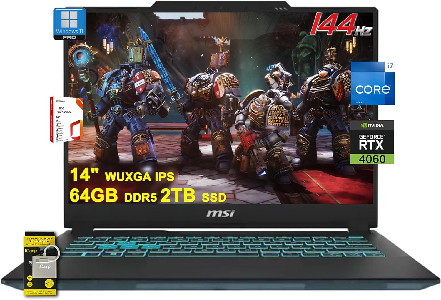 MSI Cyborg 14 Gaming Laptop 14″ WUXGA IPS 144Hz (100% sRGB) Intel 10-core i7-13620H 64GB DDR5 2TB SSD GeForce RTX 4060 Backlit USB-C Win11Pro w/ICP Accessory