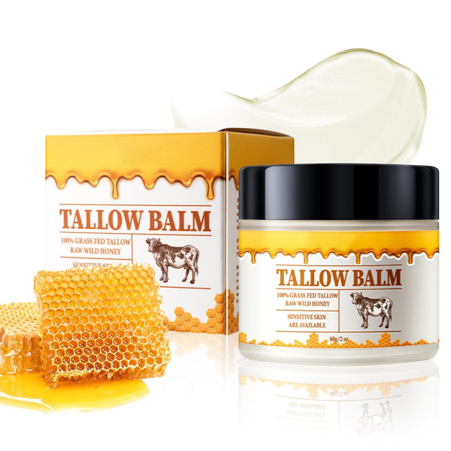 Beef Tallow for Skin, Premium Beef Tallow and Honey Balm, Natural Tallow Moisturizer for Face & Body, Whipped Beef Tallow Lotion for Skin Care, 2 oz (Beef tallow and honey balm)