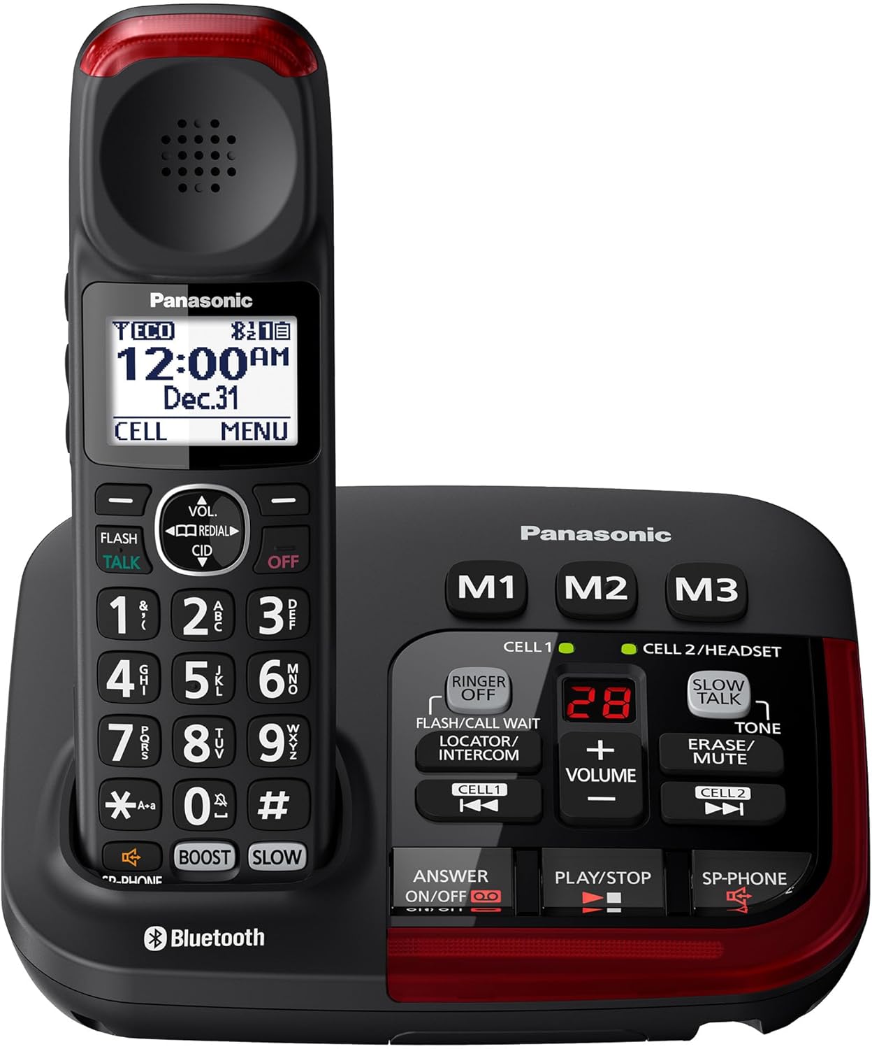 Panasonic Amplified Cordless Phone with Slow Talk, 40dB Volume Boost, 100dB Lound Visual Ringer, Hearing Aid Compatibility, Large Screen and Backlit Keypad, Link2Cell – KX-TGM430B – 1 Handset (Black)